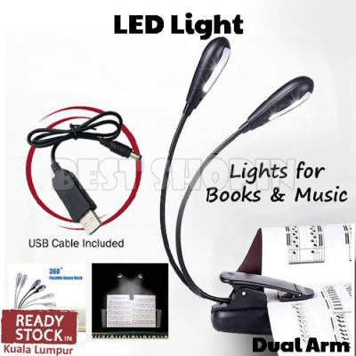 8 LED Book Light Portable and Flexible 2 Arm Reading Light with clip