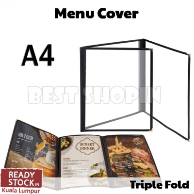 A4 Clear Restaurant Menu Cover 3 Sleeves Pocket 6 Pages Triple Fold