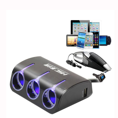 3 Multi Socket Car Charger Car Cigarette Socket & Dual USB